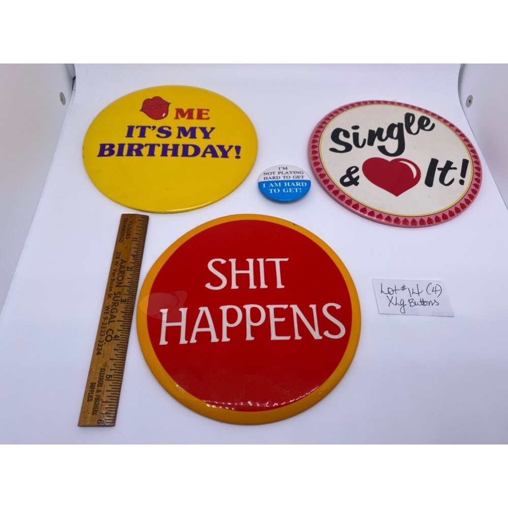 Pin back Buttons Large  Birthday Single * Happens Hard to get lot of 4